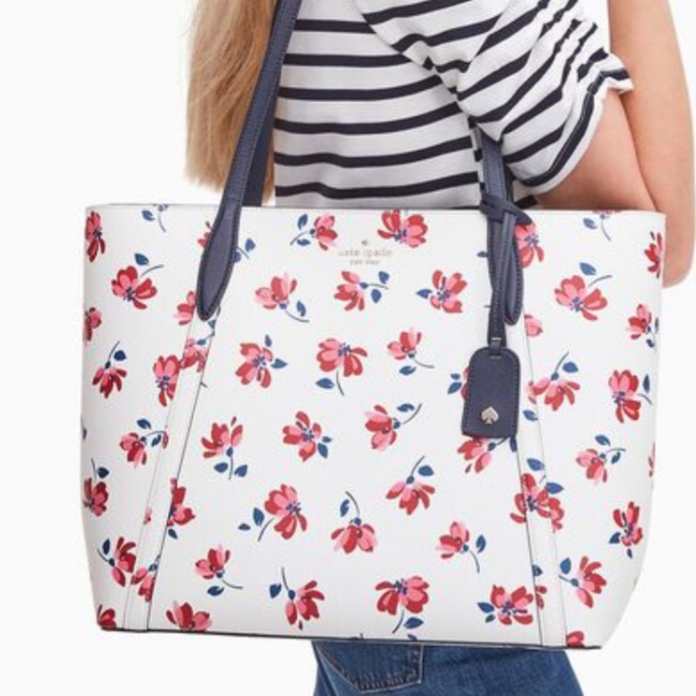 Kate Spade NWT Cara Garden Toss Large Tote Floral White Spring Summer Red - Picture 1 of 12